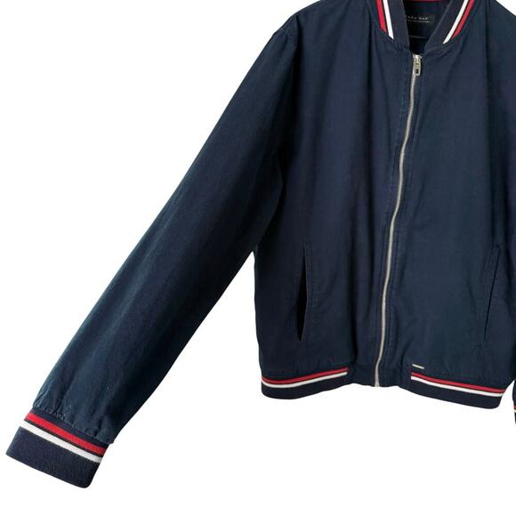 Zara Man Navy Bomber Jacket Red and White Striped Trim 100% Cotton, Size XL - Picture 8 of 11
